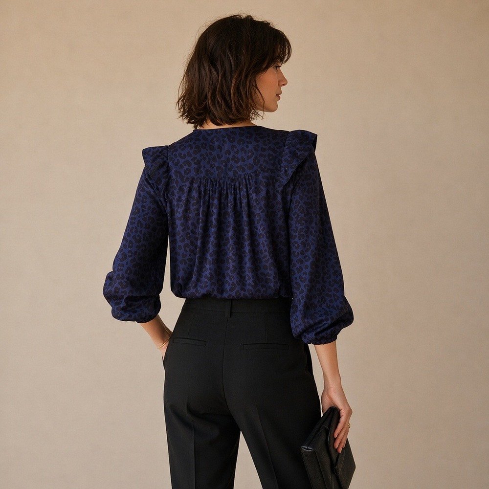 Marine Layer Blue Leopard Ruffle Rory Blouse XS NWT - Picture 2 of 9